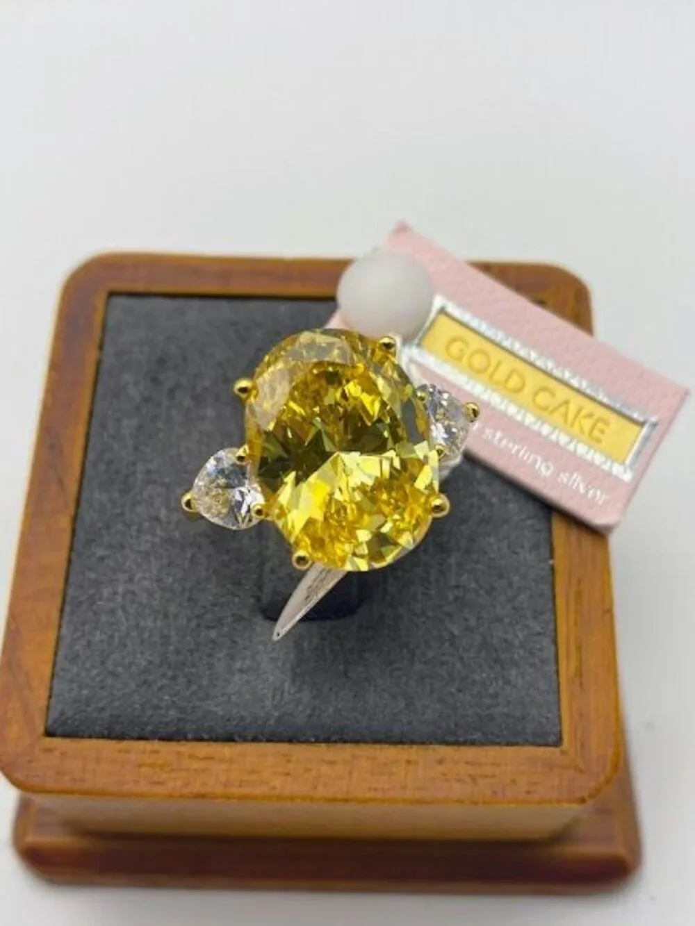 Gold Cake Ring Large Oval Canary Yellow CZ Crystal 925 Sterling Silver Size 8